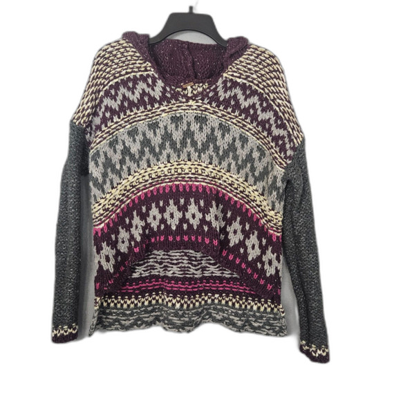 Free People Silk Blend Fair Isle Hoodie Chunky Knit Sweater Sz L Grunge - Picture 5 of 7
